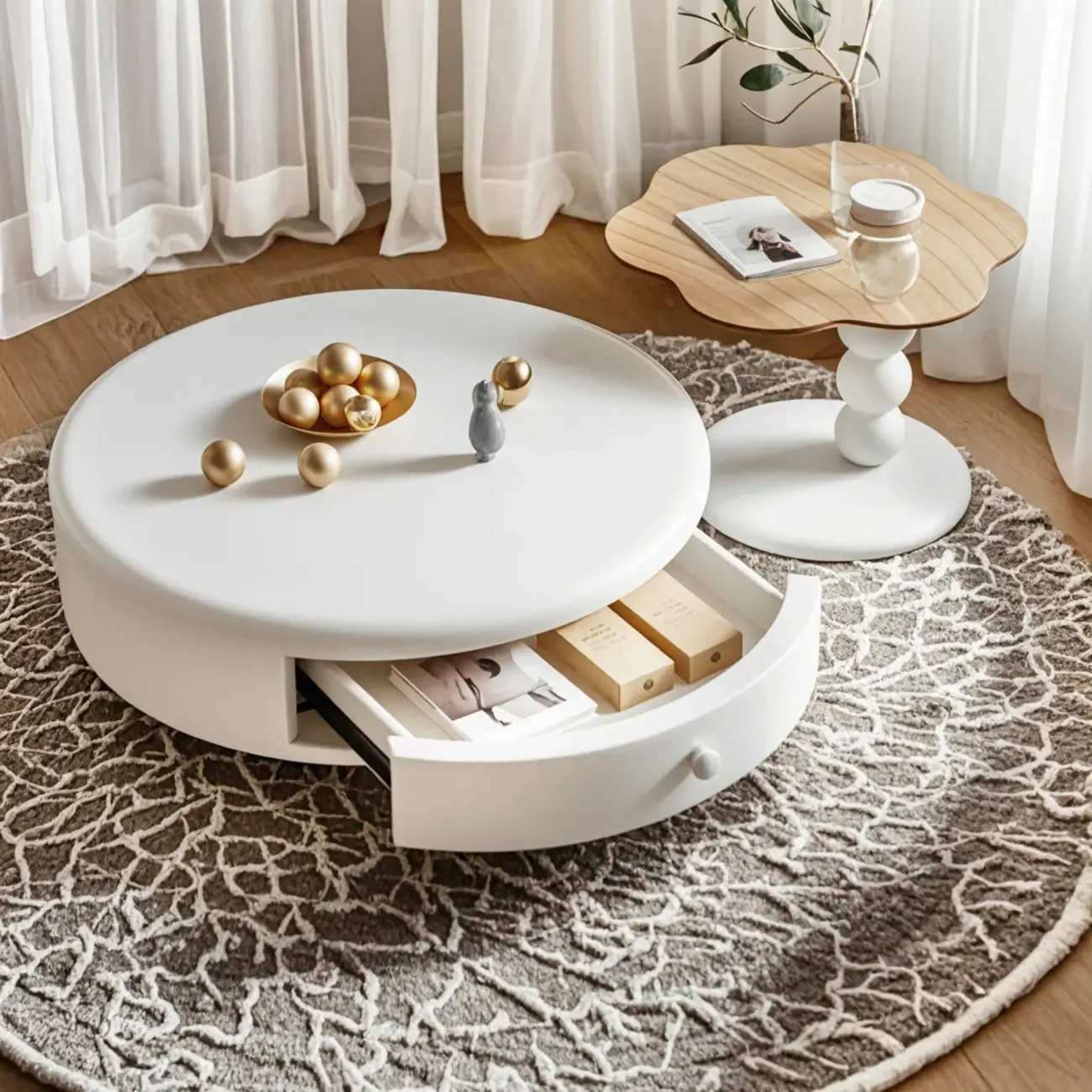 Modern White Round Wood Coffee Table with Drawer Image - 1