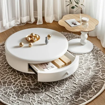 Modern White Round Wood Coffee Table with Drawer Image - 1