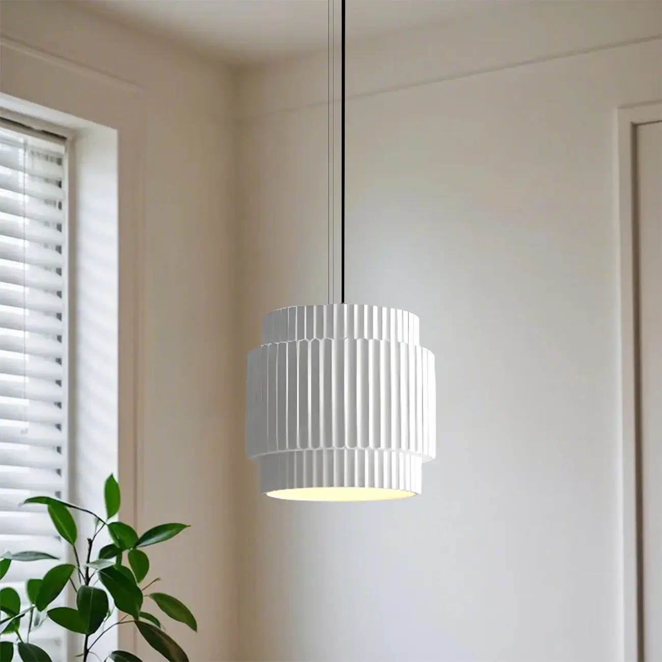 Modern White Stripe Cylinder Resin Pendant Light for Living Room Image - 1 | homeyfad