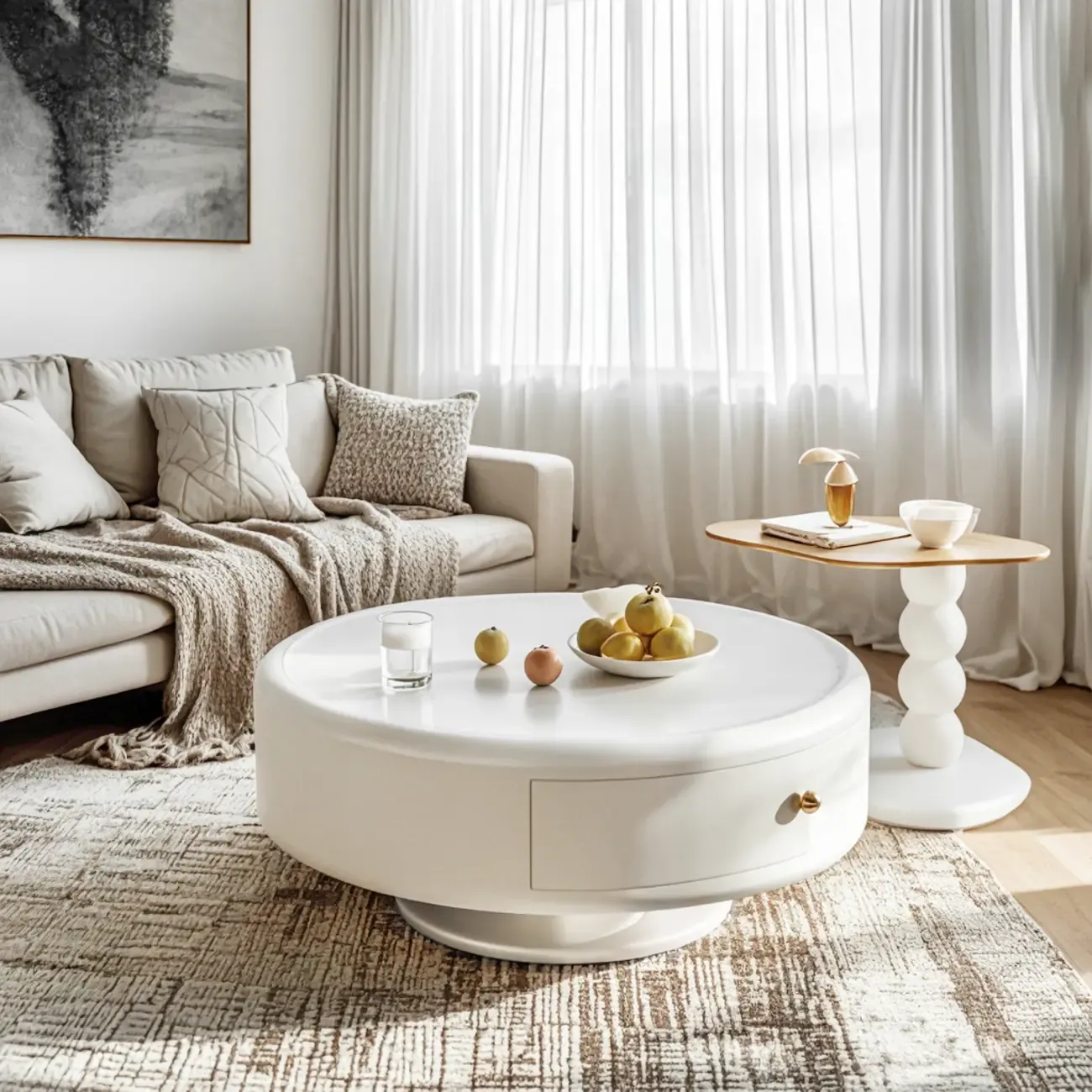 Modern White Round Wood Coffee Table with Drawer Image - 4