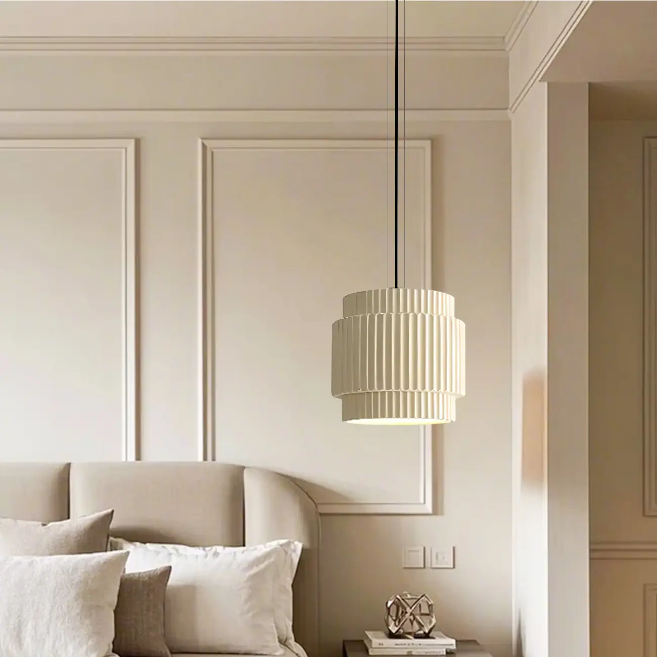 Modern White Stripe Cylinder Resin Pendant Light for Living Room Image - 4 | homeyfad