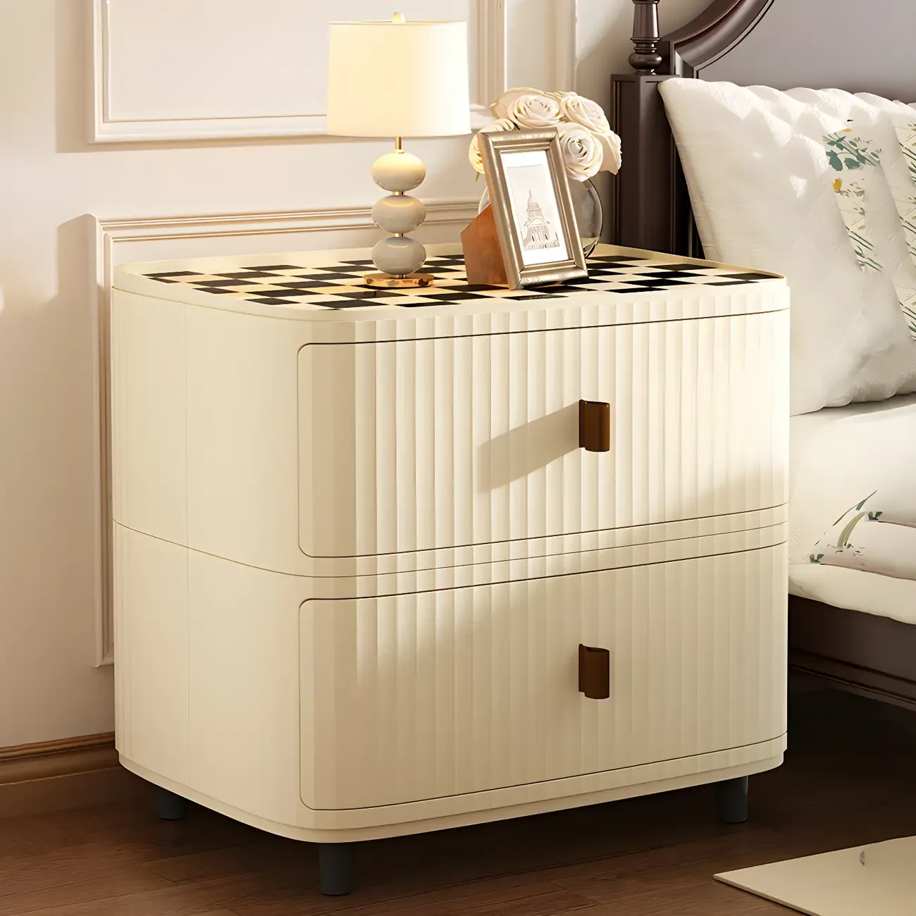 Modern Beige Bedside Table with Drawer Storage Nightstands Image - 6