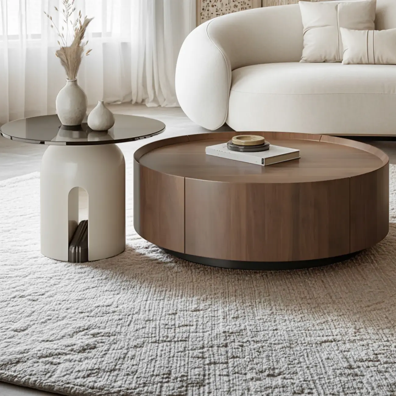 Brown Modern Stylish Round Wood Drawer Coffee Table Image - 1 | homeyfad