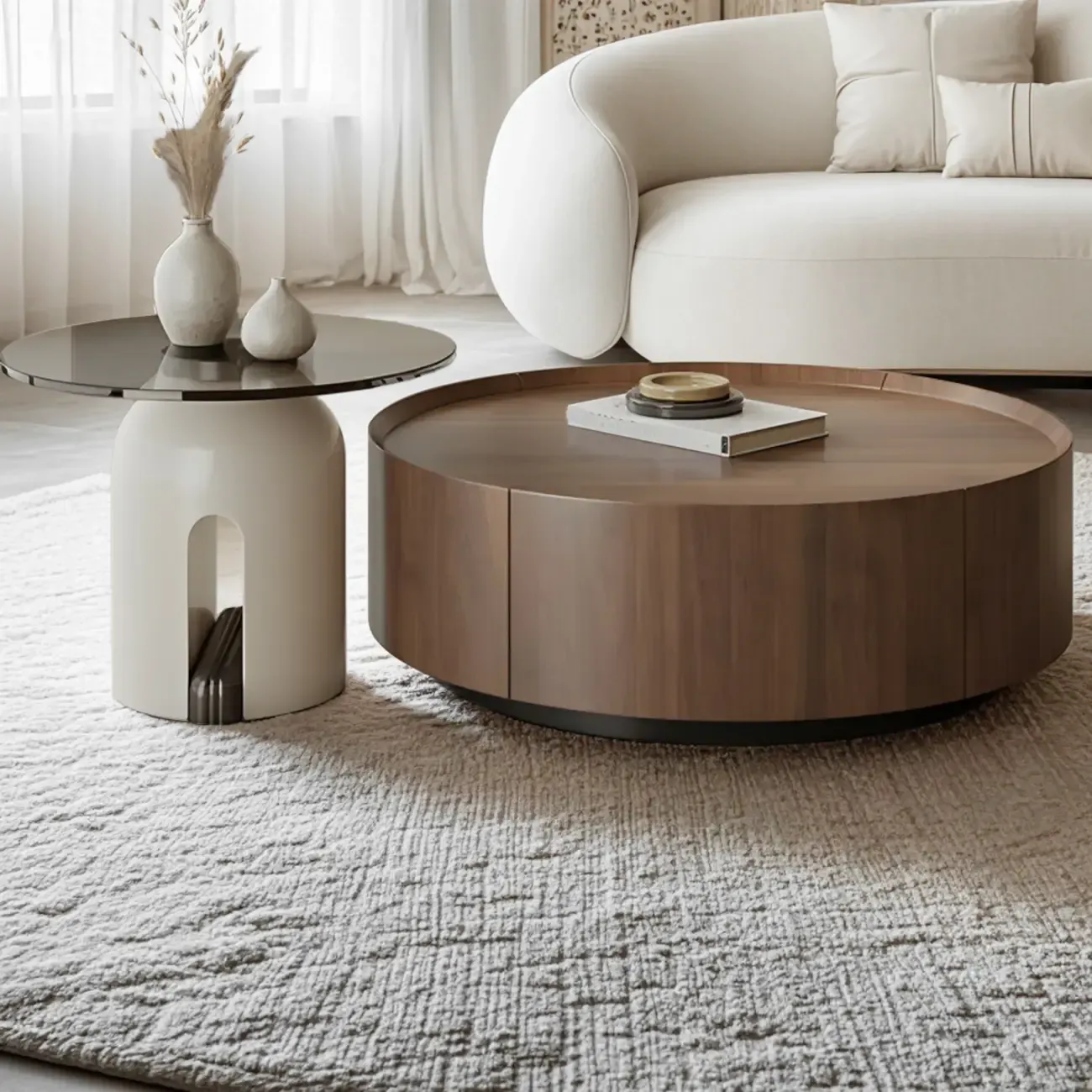 Brown Modern Stylish Round Wood Drawer Coffee Table Image - 1