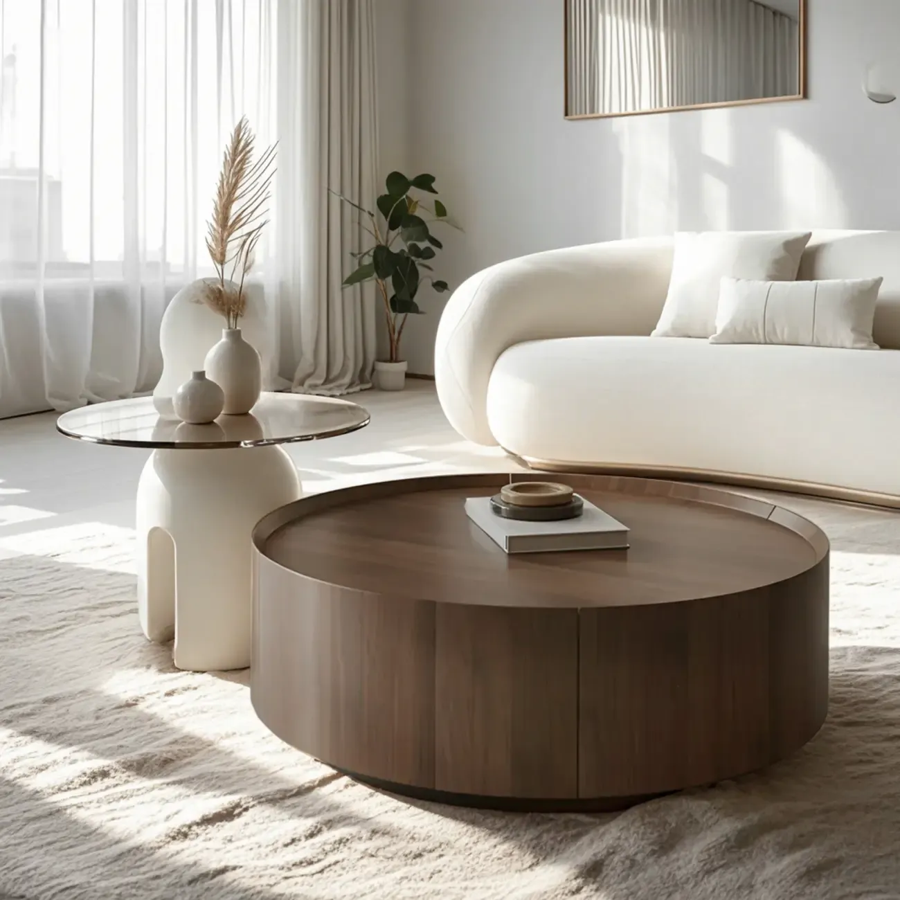 Brown Modern Stylish Round Wood Drawer Coffee Table Image - 3
