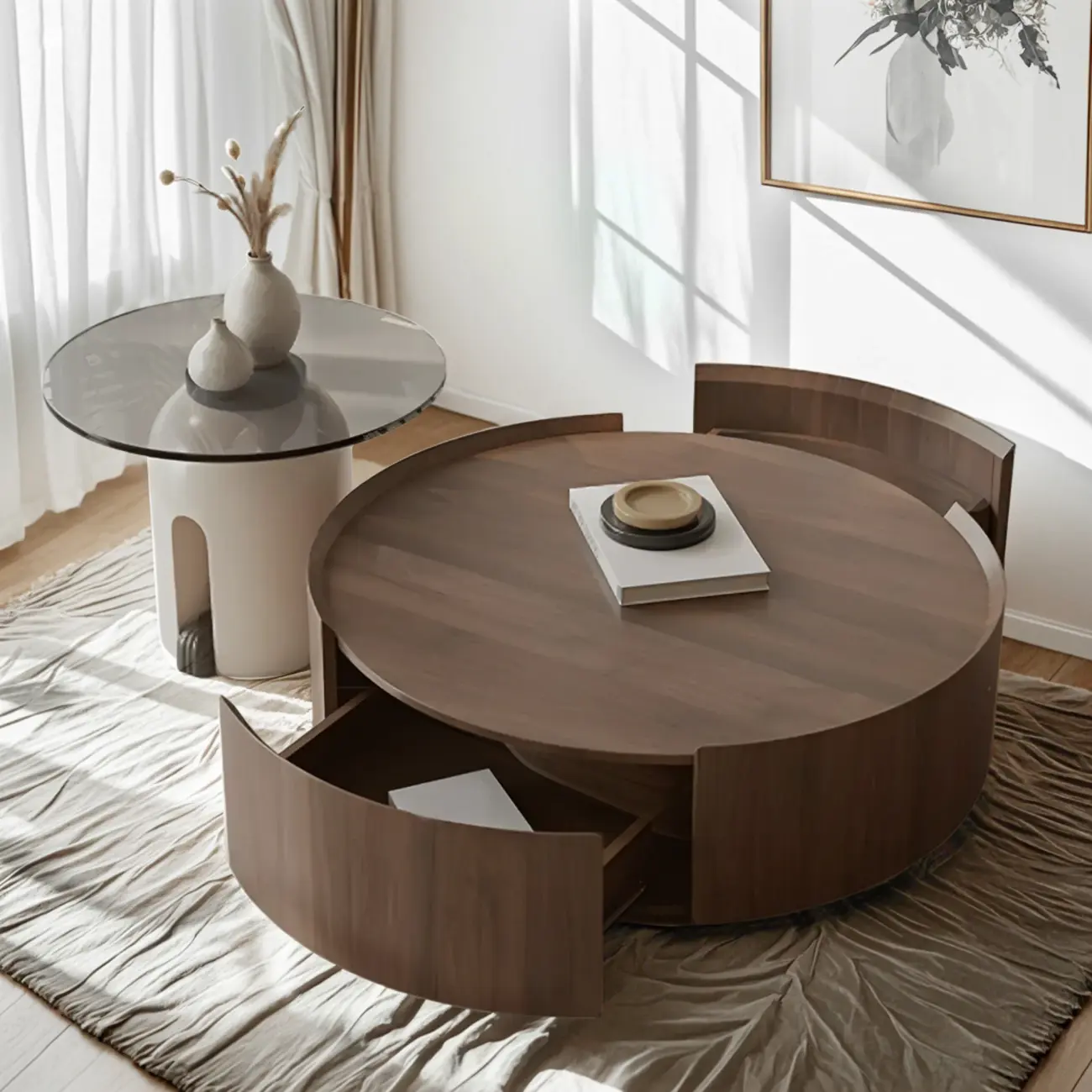 Brown Modern Stylish Round Wood Drawer Coffee Table Image - 2 | homeyfad