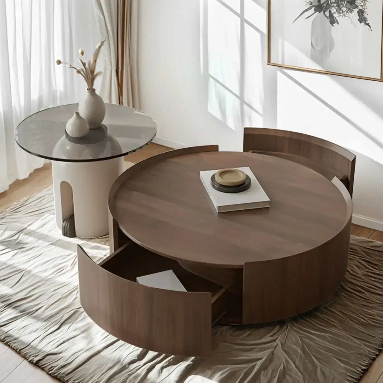 Brown Modern Stylish Round Wood Drawer Coffee Table Image - 2