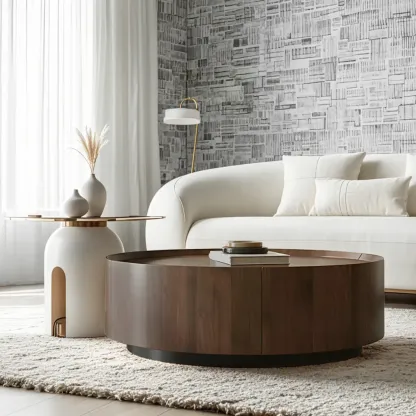 Brown Modern Stylish Round Wood Drawer Coffee Table Image - 4