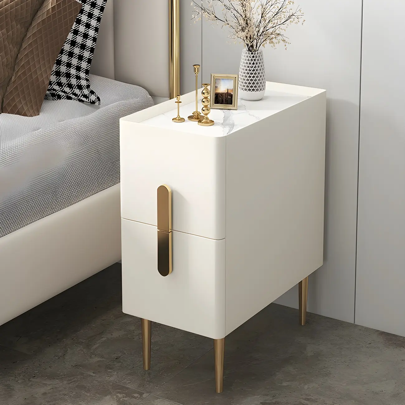 Modern Stone Countertop Faux Leather Nightstand with 2 Drawers Image - 1 | homeyfad