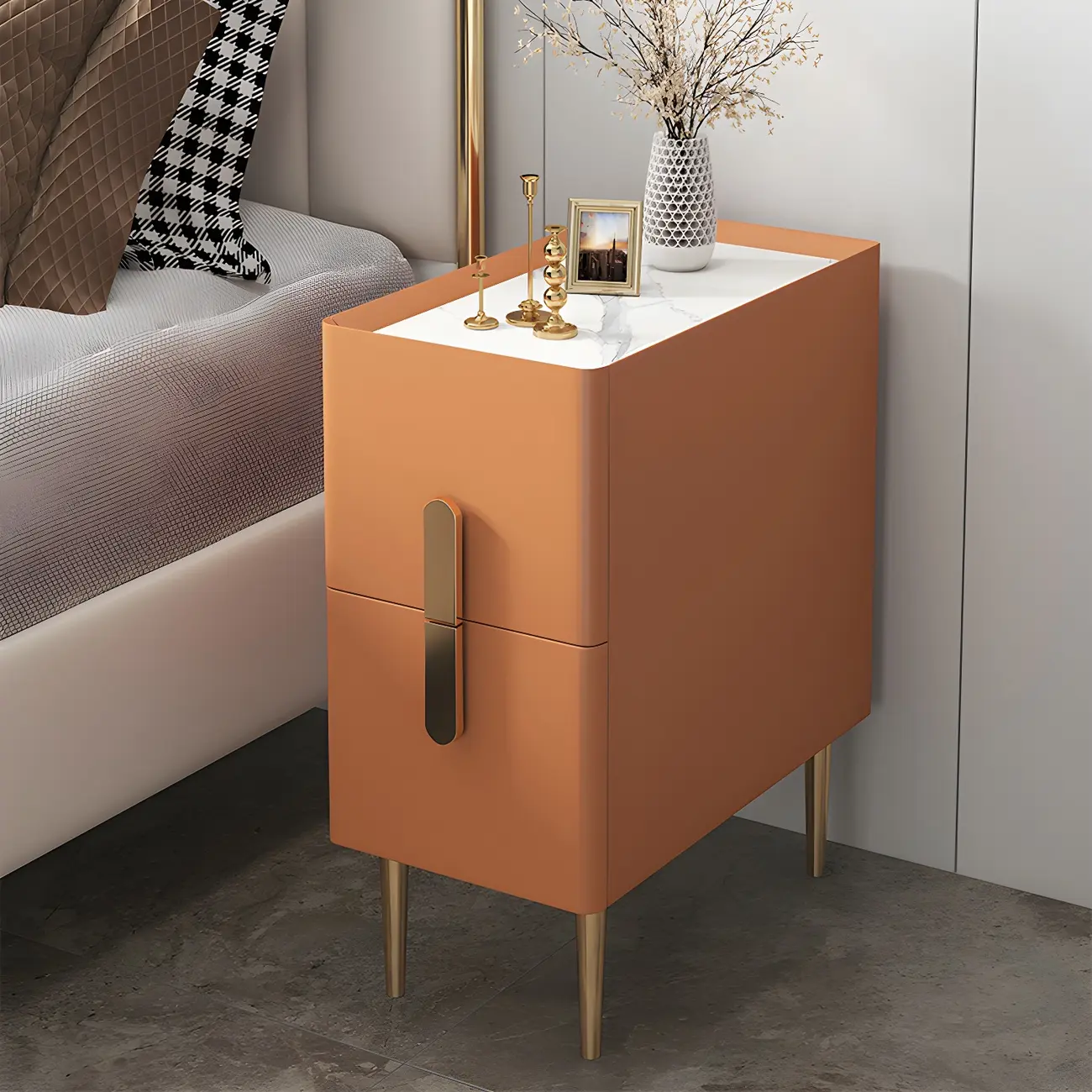 Modern Stone Countertop Faux Leather Nightstand with 2 Drawers Image - 2 | homeyfad