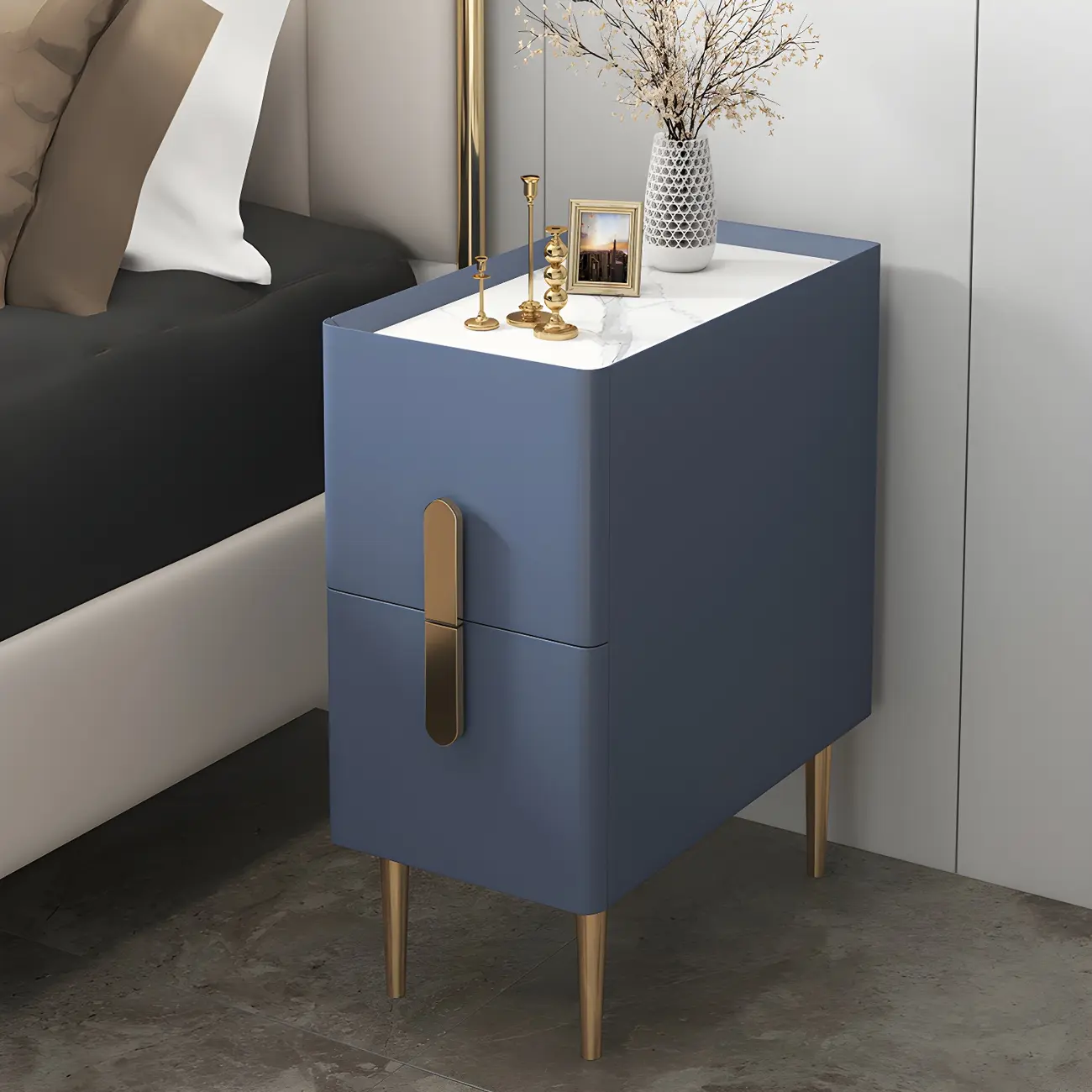 Modern Stone Countertop Faux Leather Nightstand with 2 Drawers Image - 4 | homeyfad