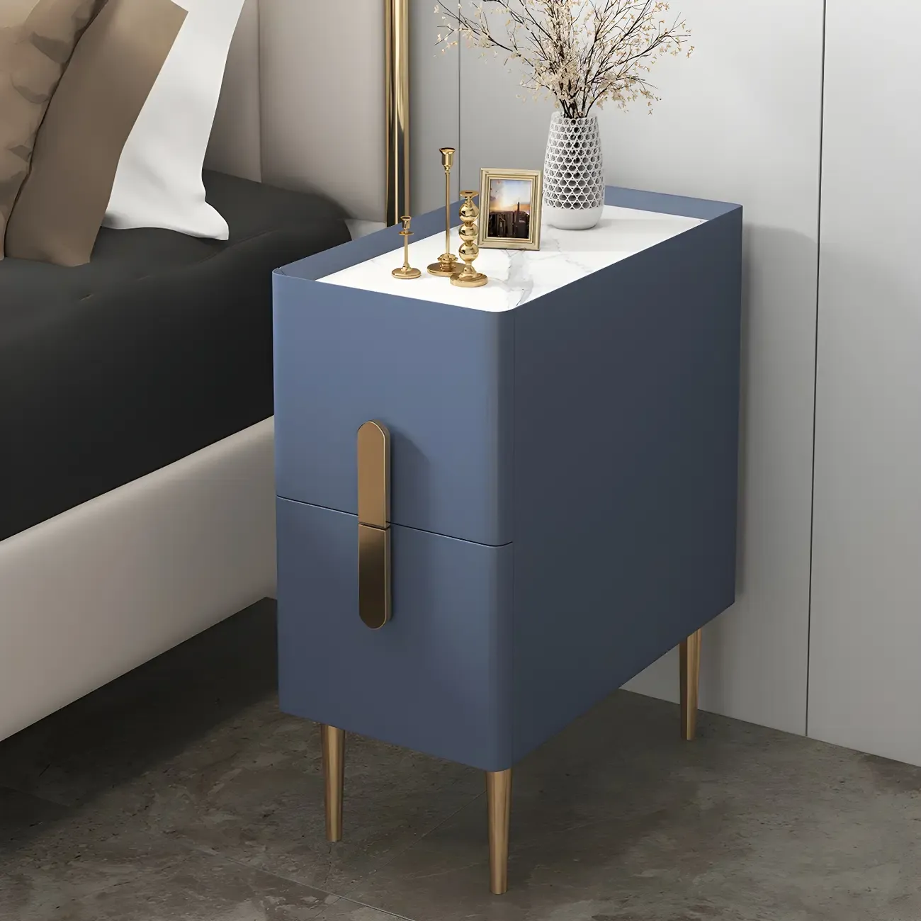 Modern Stone Countertop Faux Leather Nightstand with 2 Drawers Image - 4