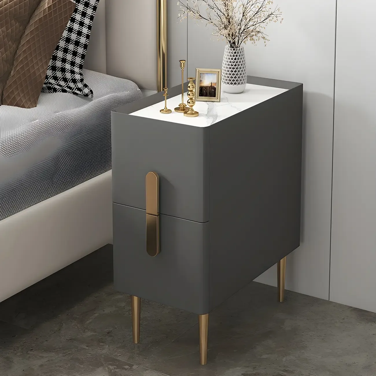 Modern Stone Countertop Faux Leather Nightstand with 2 Drawers Image - 5