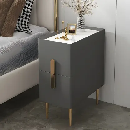Modern Stone Countertop Faux Leather Nightstand with 2 Drawers Image - 5