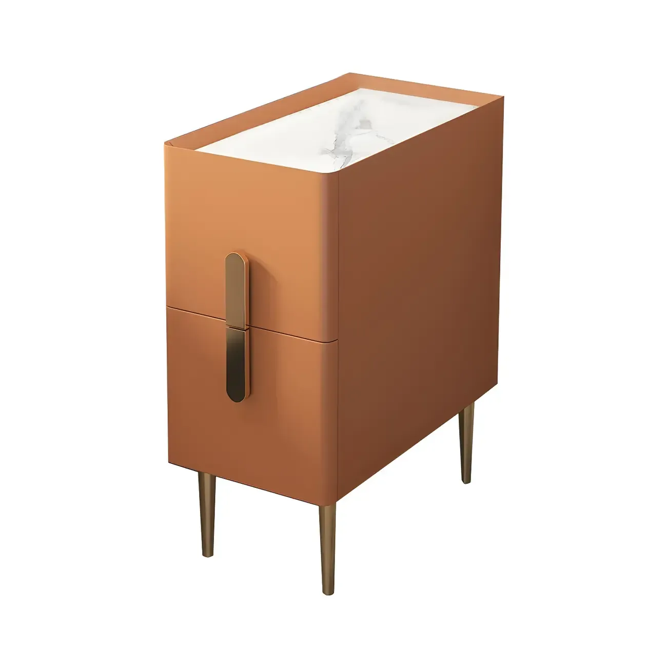 Modern Stone Countertop Faux Leather Nightstand with 2 Drawers Image - 12