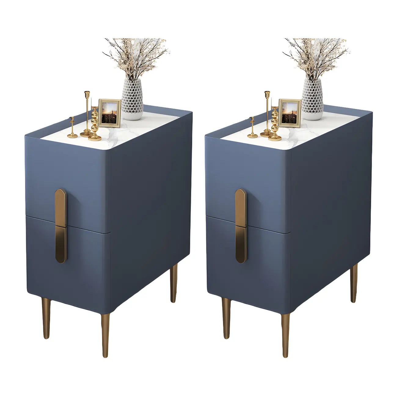 Modern Stone Countertop Faux Leather Nightstand with 2 Drawers Image - 14 | homeyfad