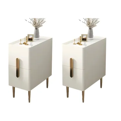 Modern Stone Countertop Faux Leather Nightstand with 2 Drawers Image - 16