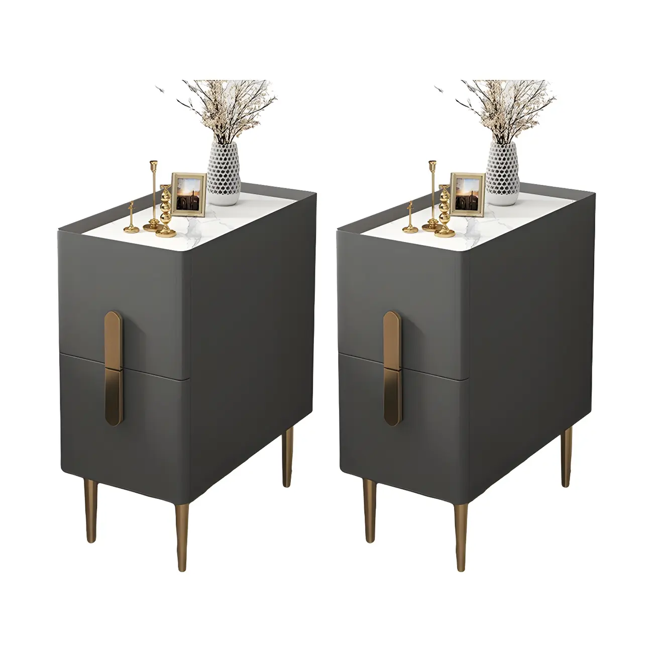 Modern Stone Countertop Faux Leather Nightstand with 2 Drawers Image - 17 | homeyfad