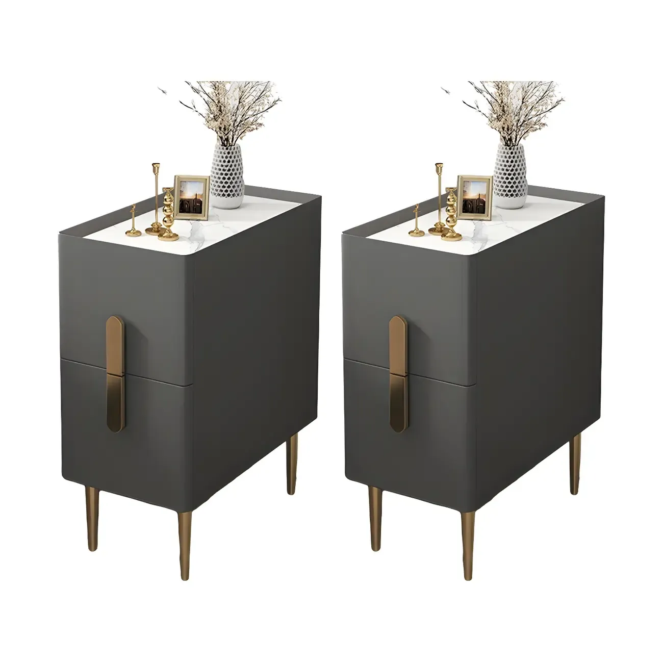 Modern Stone Countertop Faux Leather Nightstand with 2 Drawers Image - 17