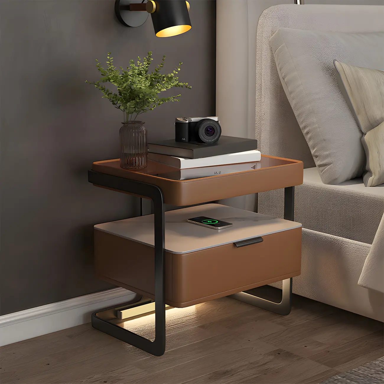 Modern Wood Nightstand with Glass Countertop and Drawer Image - 1 | homeyfad