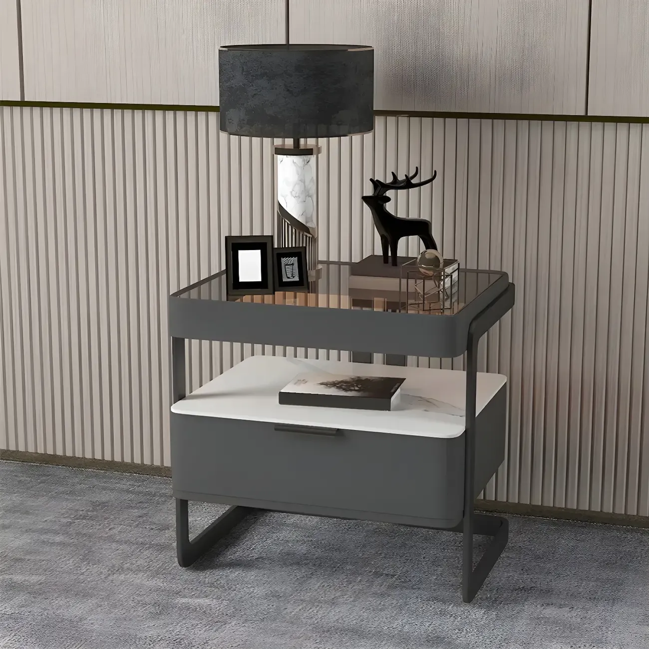 Modern Wood Nightstand with Glass Countertop and Drawer Image - 2