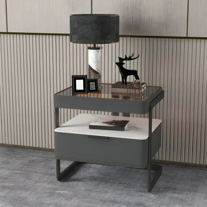 Modern Wood Nightstand with Glass Countertop and Drawer Image - 2