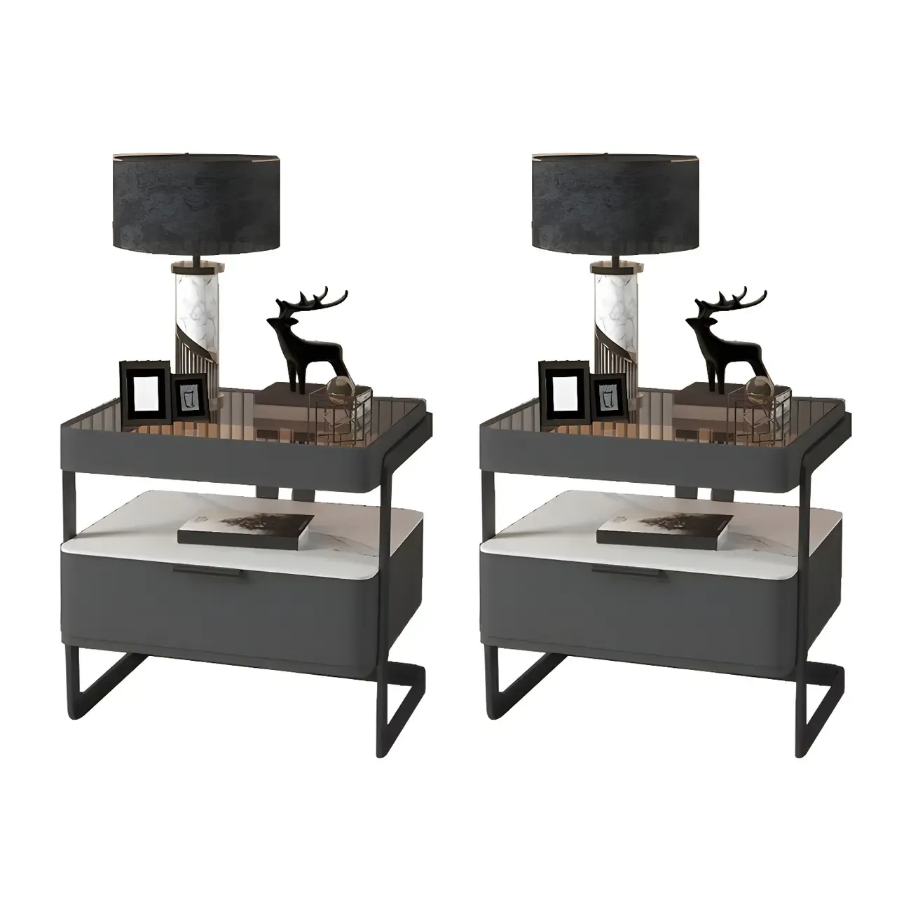 Modern Wood Nightstand with Glass Countertop and Drawer Image - 3