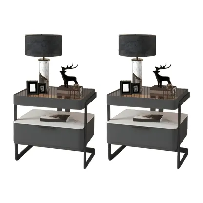Modern Wood Nightstand with Glass Countertop and Drawer Image - 3
