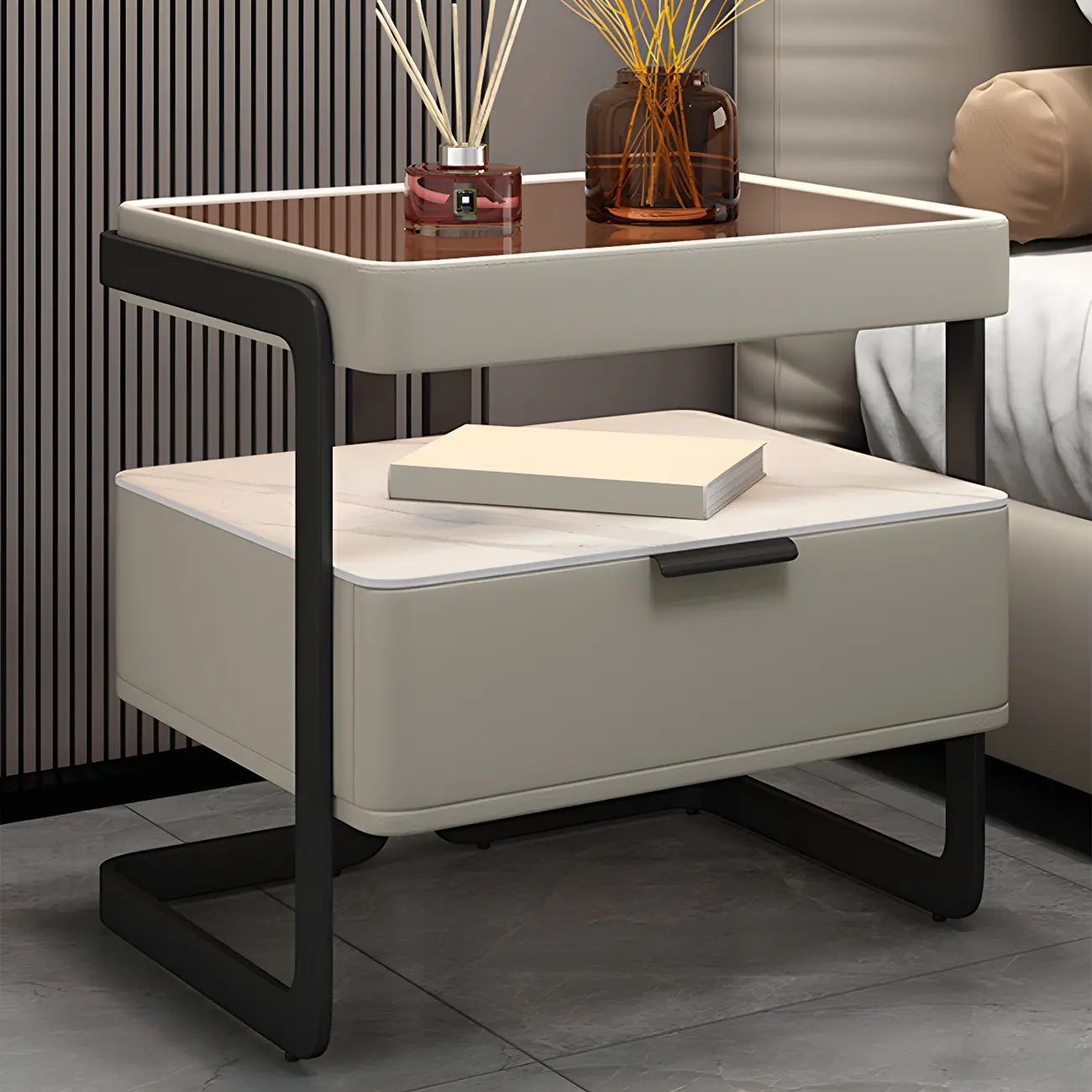 Modern Wood Nightstand with Glass Countertop and Drawer Image - 4 | homeyfad