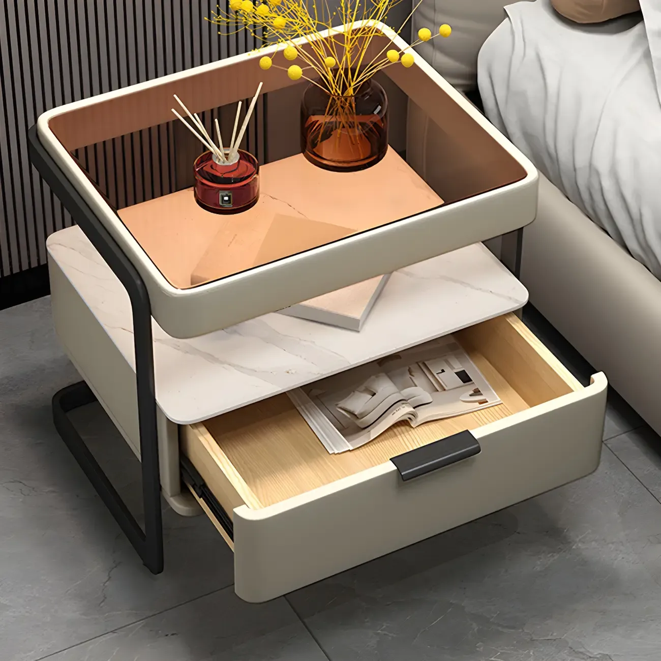 Modern Wood Nightstand with Glass Countertop and Drawer Image - 5