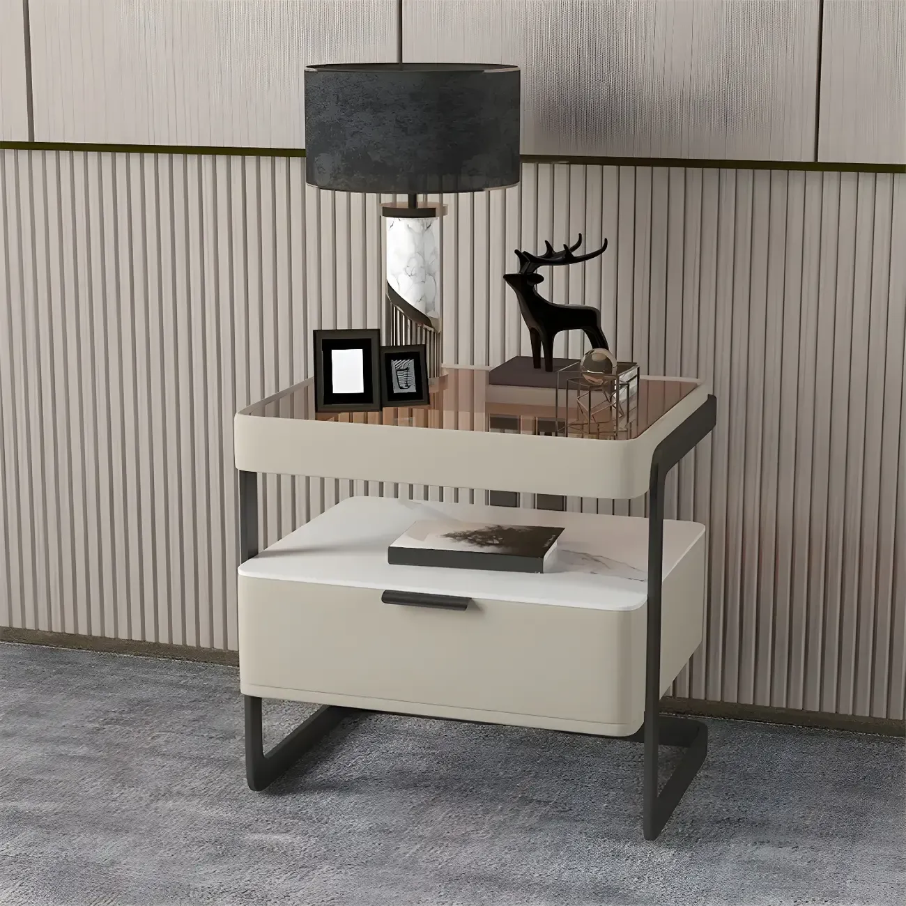 Modern Wood Nightstand with Glass Countertop and Drawer Image - 6