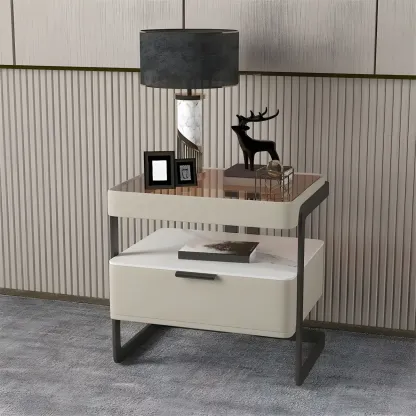 Modern Wood Nightstand with Glass Countertop and Drawer Image - 6
