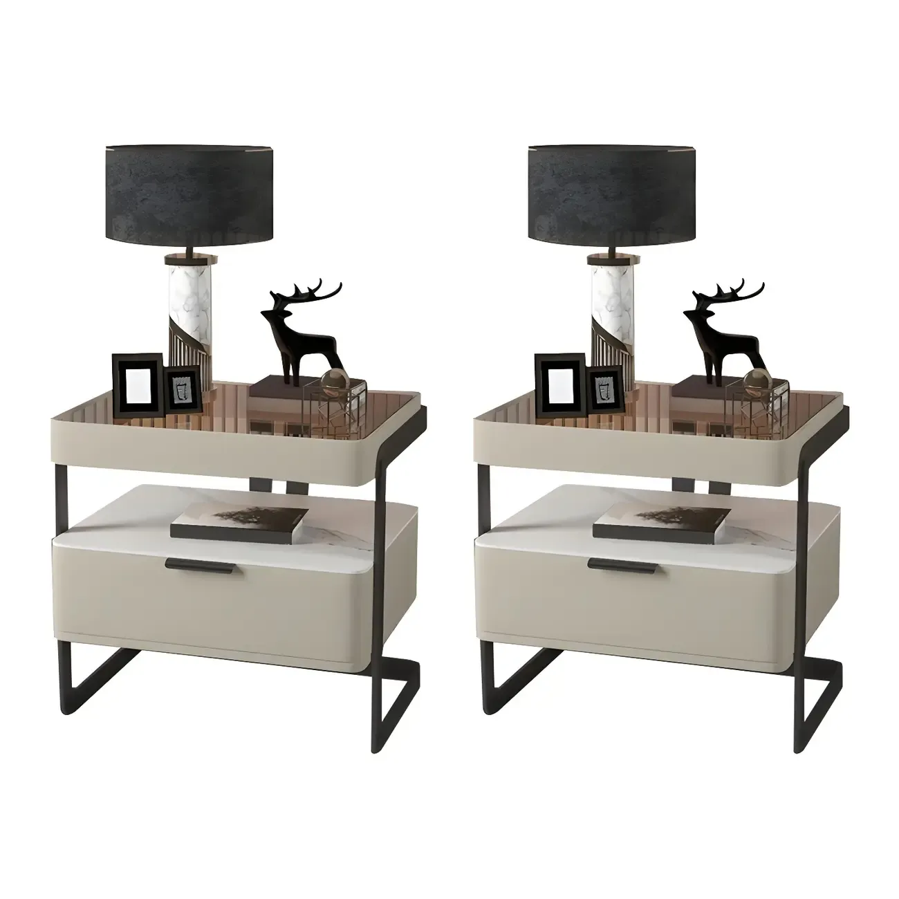 Modern Wood Nightstand with Glass Countertop and Drawer Image - 7
