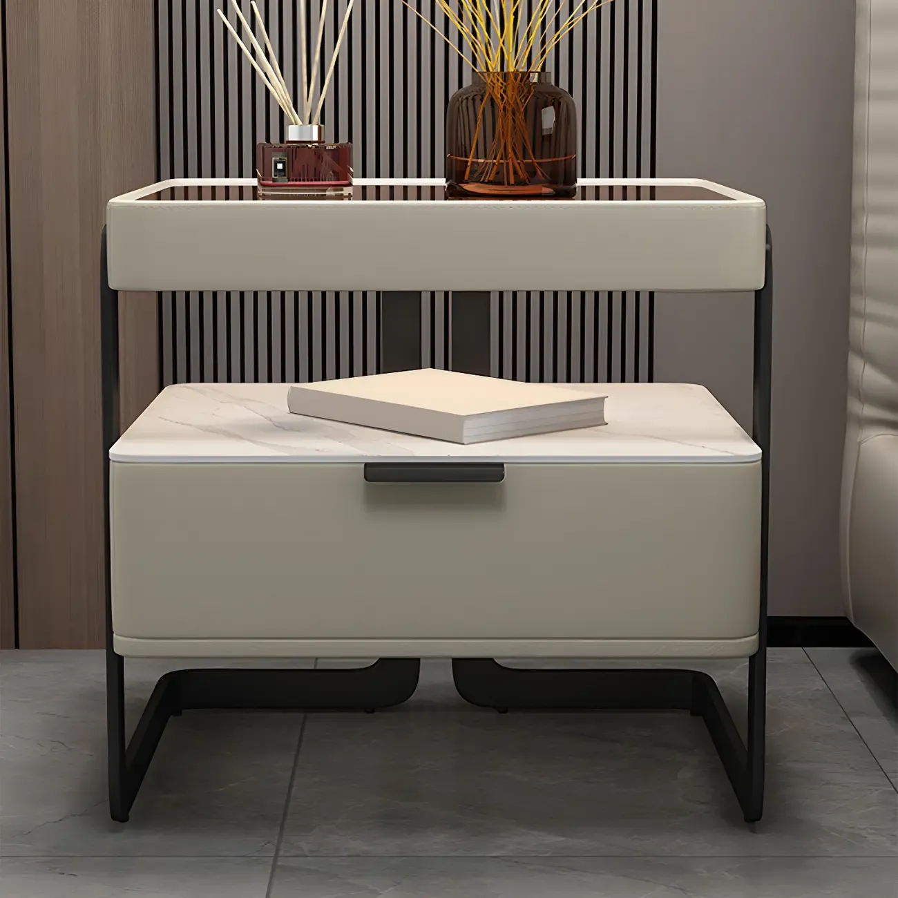 Modern Wood Nightstand with Glass Countertop and Drawer Image - 8