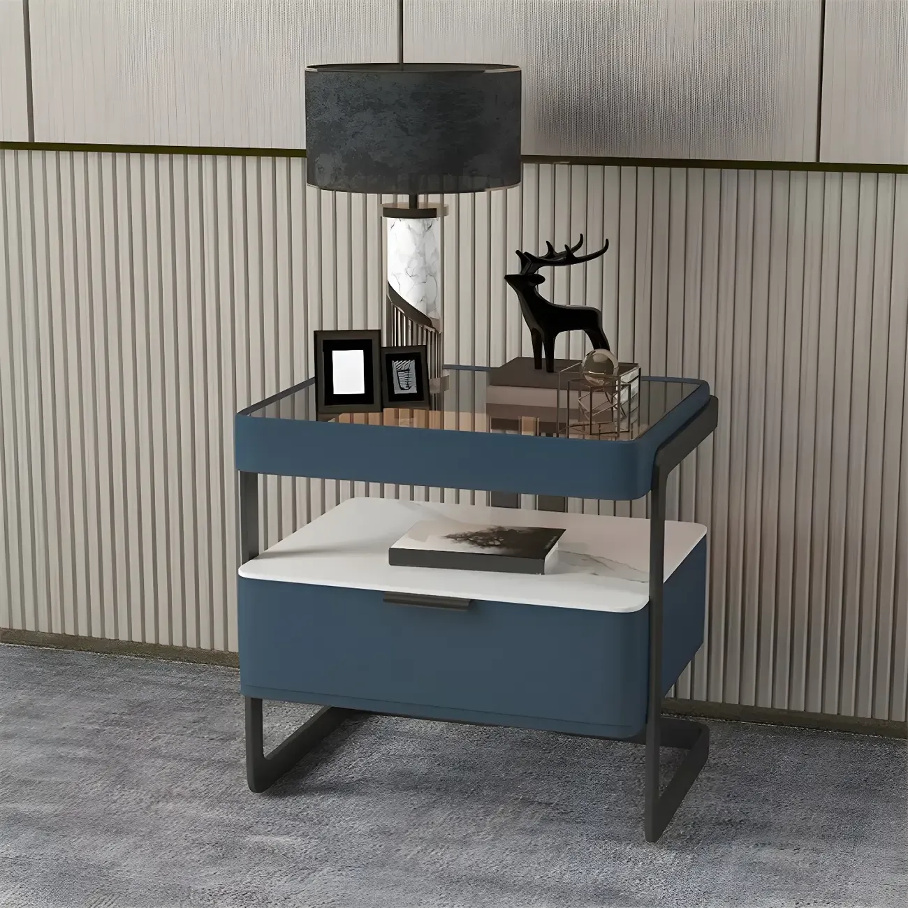 Modern Wood Nightstand with Glass Countertop and Drawer Image - 9