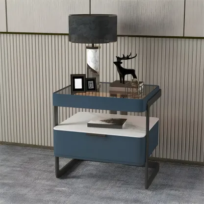 Modern Wood Nightstand with Glass Countertop and Drawer Image - 9