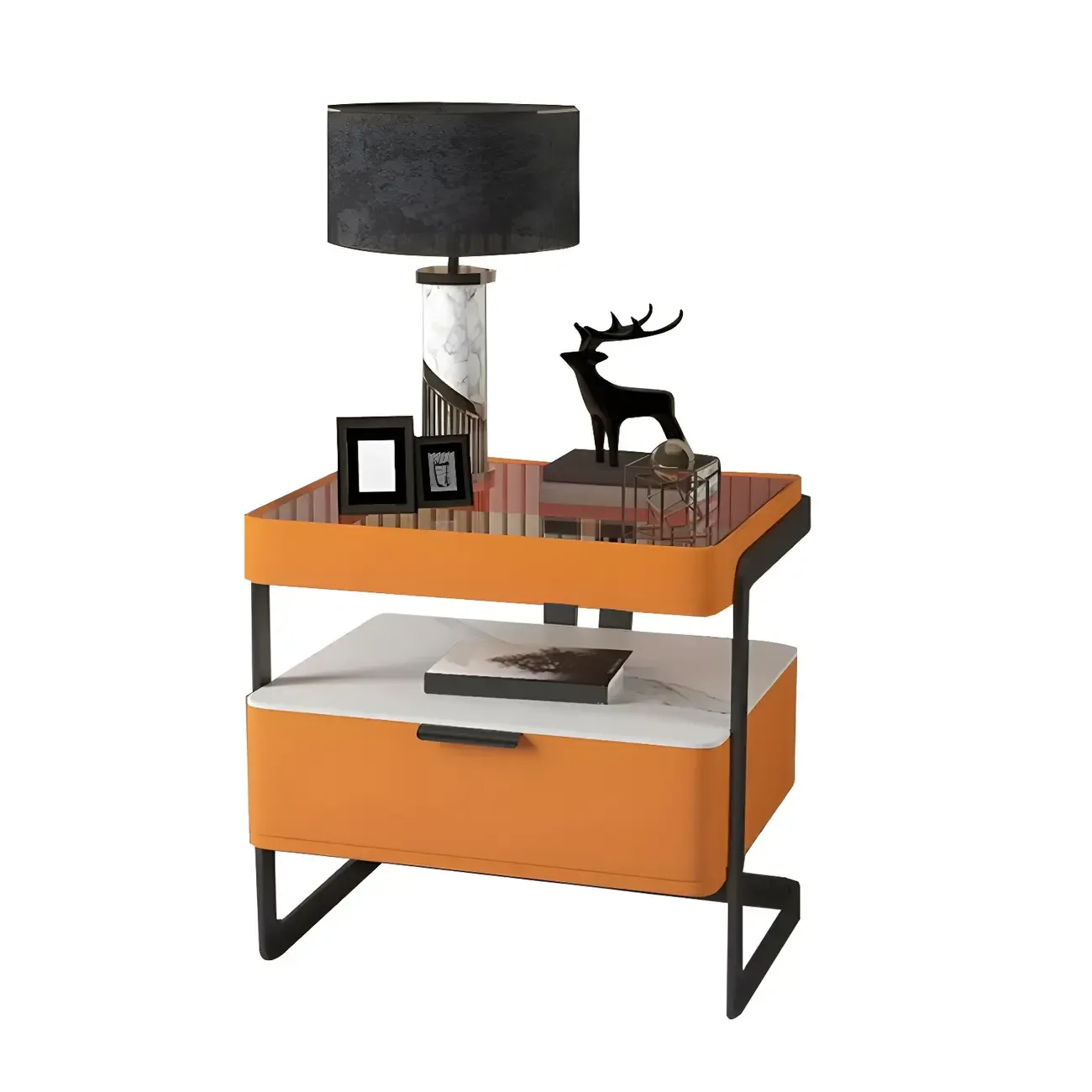 Modern Wood Nightstand with Glass Countertop and Drawer Image - 10