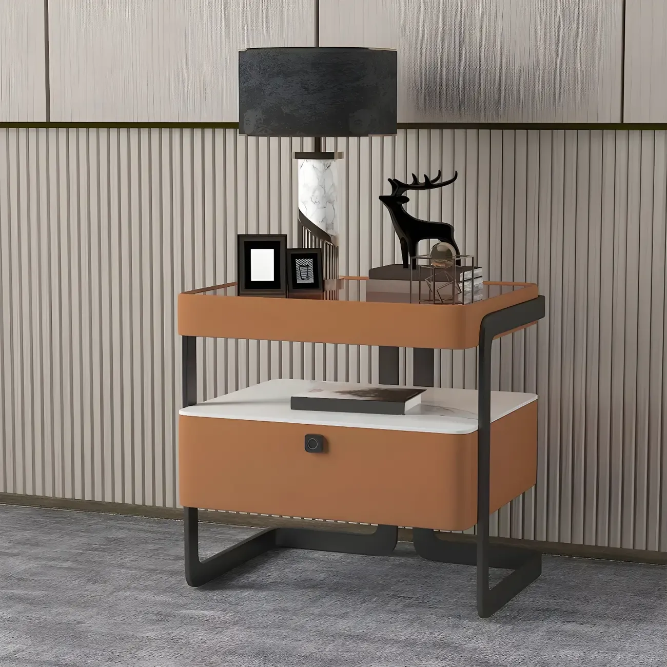 Modern Wood Nightstand with Glass Countertop and Drawer Image - 14