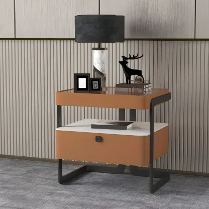 Modern Wood Nightstand with Glass Countertop and Drawer Image - 14
