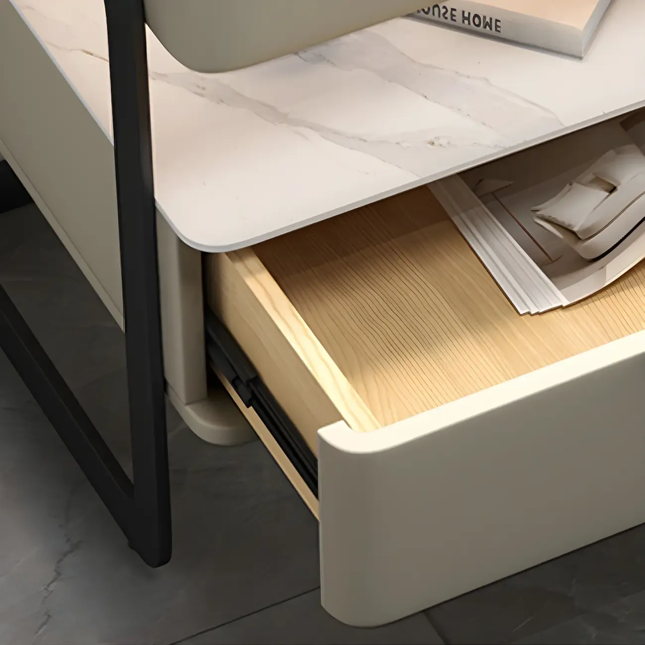 Modern Wood Nightstand with Glass Countertop and Drawer Image - 15