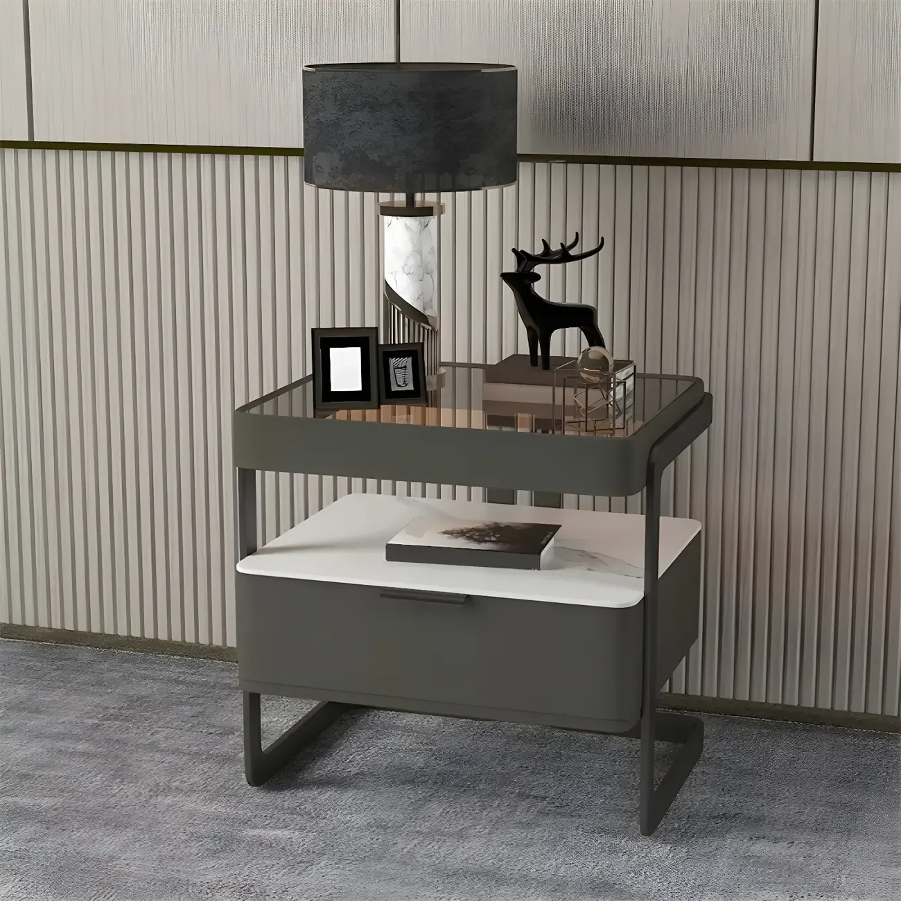 Modern Wood Nightstand with Glass Countertop and Drawer Image - 18