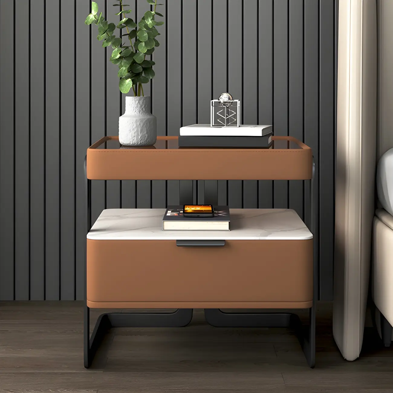 Modern Wood Nightstand with Glass Countertop and Drawer Image - 19 | homeyfad