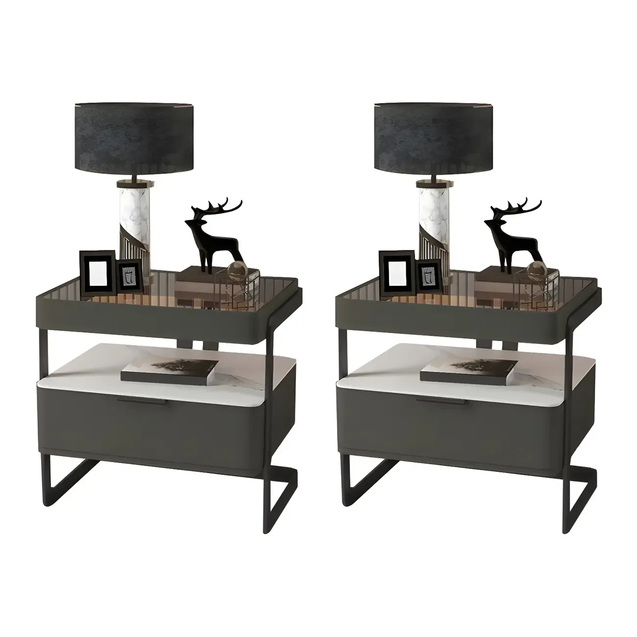 Modern Wood Nightstand with Glass Countertop and Drawer Image - 20