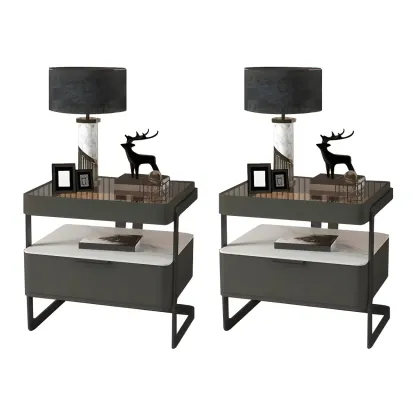 Modern Wood Nightstand with Glass Countertop and Drawer Image - 20