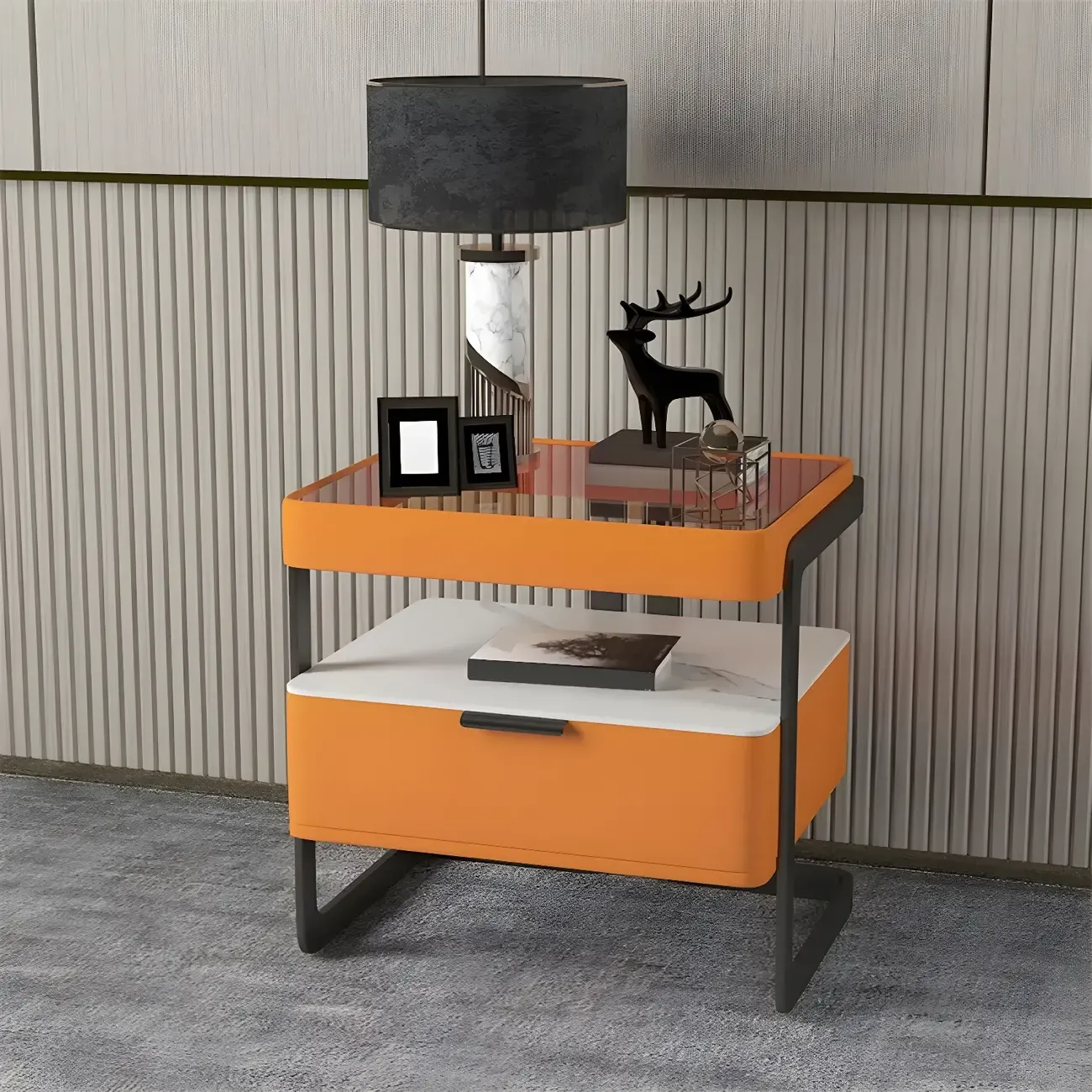 Modern Wood Nightstand with Glass Countertop and Drawer Image - 21