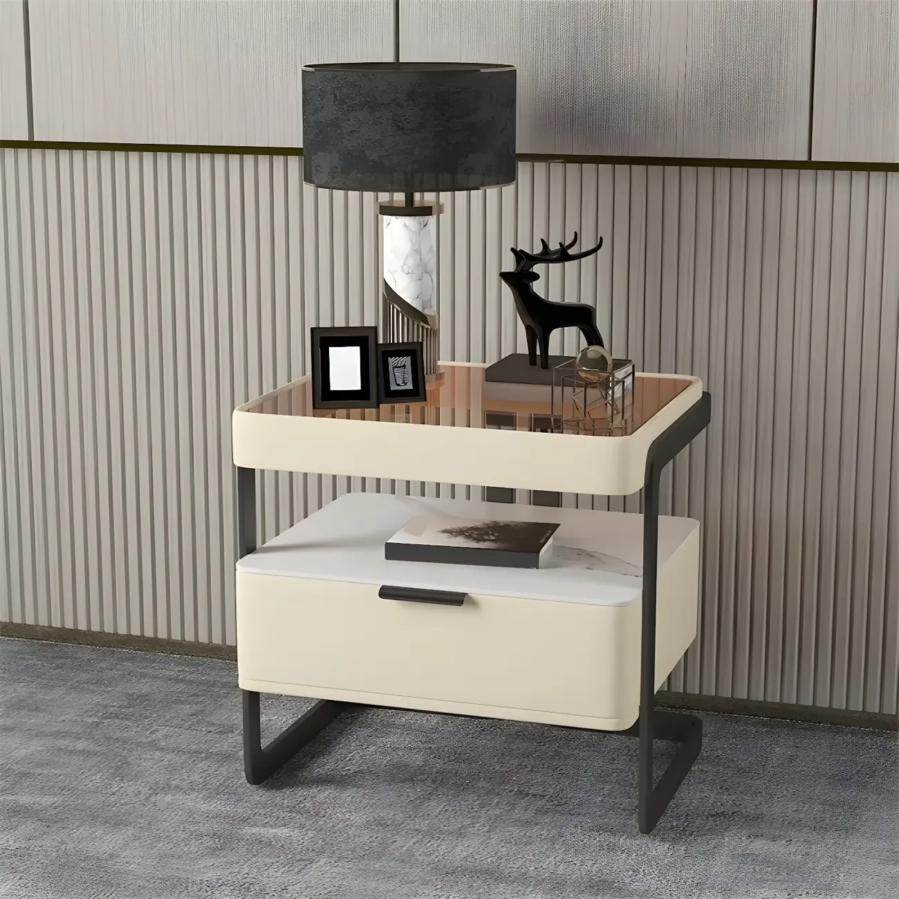Modern Wood Nightstand with Glass Countertop and Drawer Image - 23 | homeyfad