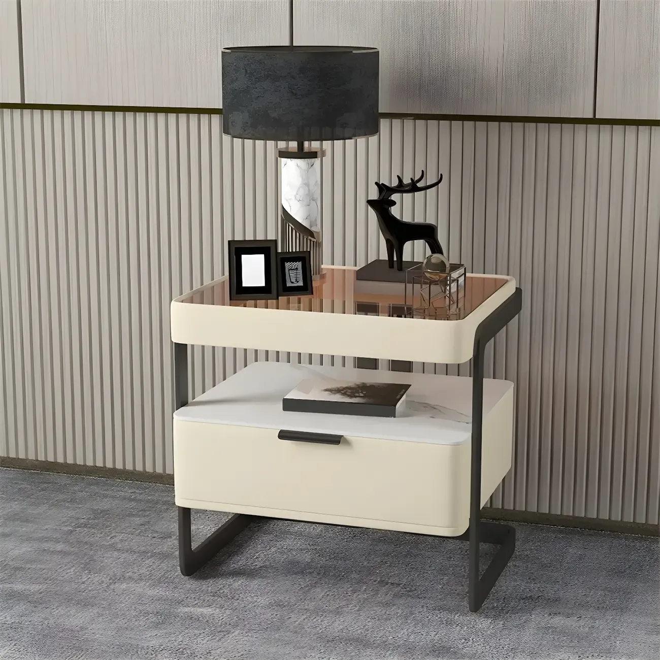 Modern Wood Nightstand with Glass Countertop and Drawer Image - 23
