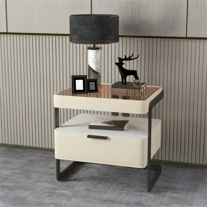 Modern Wood Nightstand with Glass Countertop and Drawer Image - 23