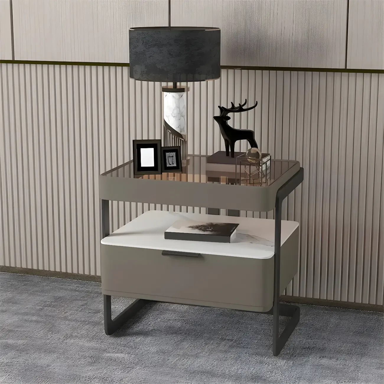 Modern Wood Nightstand with Glass Countertop and Drawer Image - 25