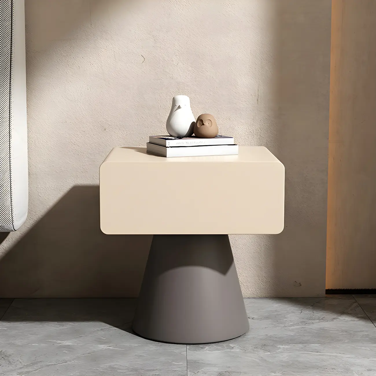 Minimalist Wood Beige Dark Gray Drawer Nightstand Image - 1 | homeyfad